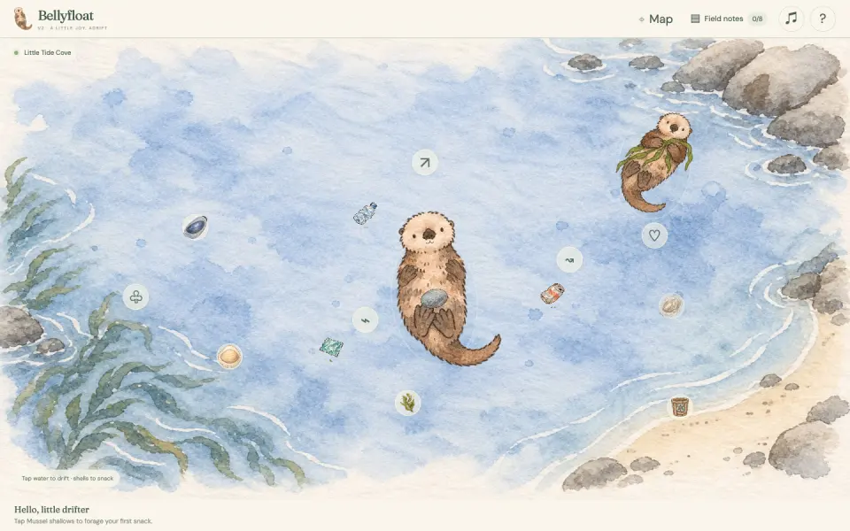 Bellyfloat gameplay capture: an otter floating in a watercolor cove