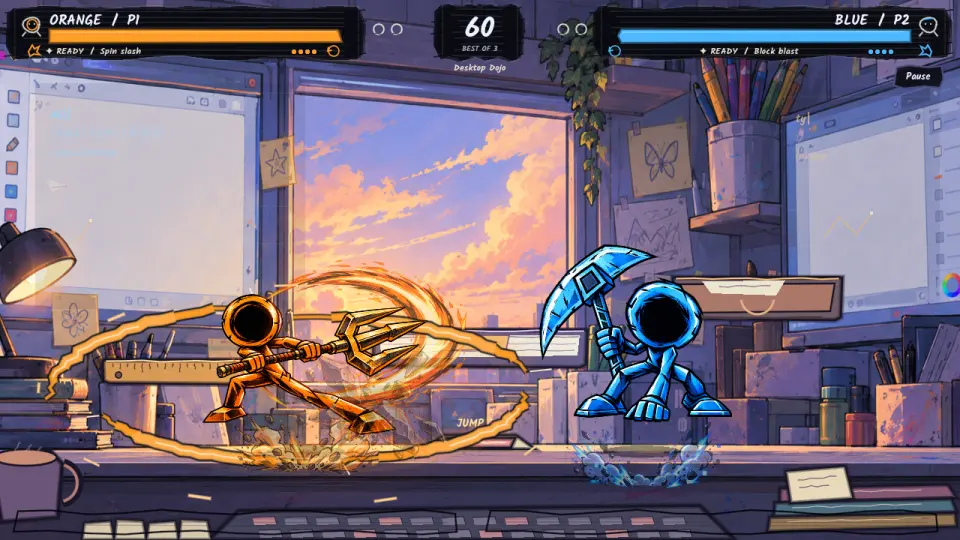 Doodle Rumble gameplay capture showing two drawn fighters in a studio arena